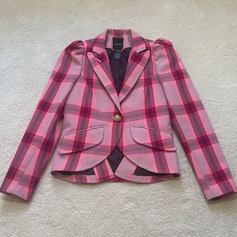 Smythe Pink Plaid Single-Button Puff Shoulder Blazer